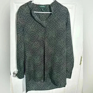 Lauren Ralph Lauren 1/4 Button Up Tunic. Black & gold longer in back. Size Large